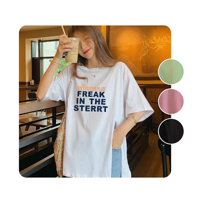 "oversize เสื้อยืด สกรีนลายภาษาอังกฤษ ดีไซน์ผ่าหน้า ผ้านิ่ม มีให้เลือก 4 สี M "