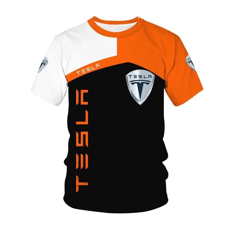 【COD】2023 New Summer Men's Tesla Car Logo 3D Printed Casual Short Sleeve T Shirt Kids O-Neck Top