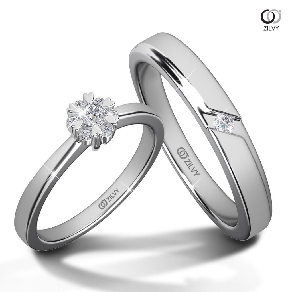 Zilvy- แหวนคู่เพชรน้ำร้อย (GR528/GR261) ตัวเรือนเงินแท้ชุบทองคำขาว