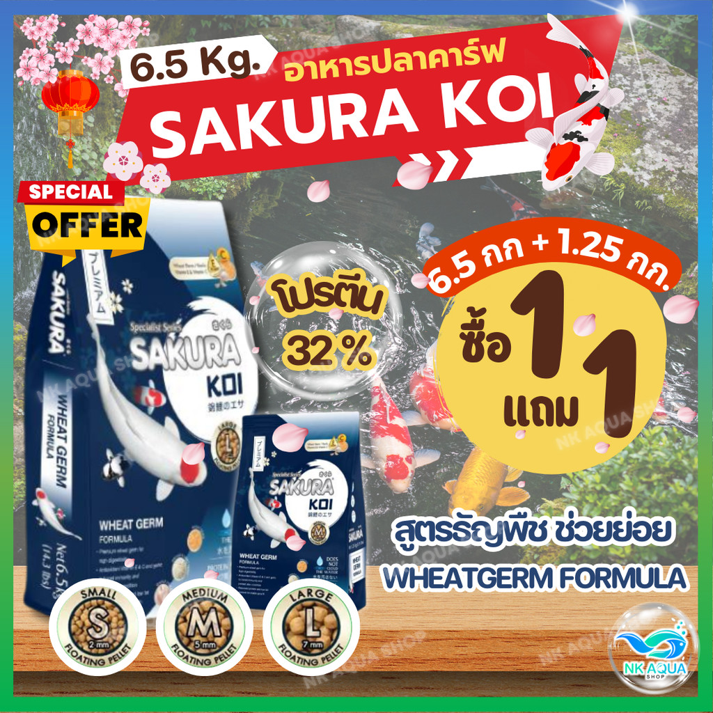 📌สูตรวีทเจิร์ม🌾แถมฟรี❗1.25กก. อาหารปลาคาร์ฟ Sakura Koi 🌾 สูตรวีทเจิร์ม ขนาด 6.5 กก. ( เม็ดลอย )