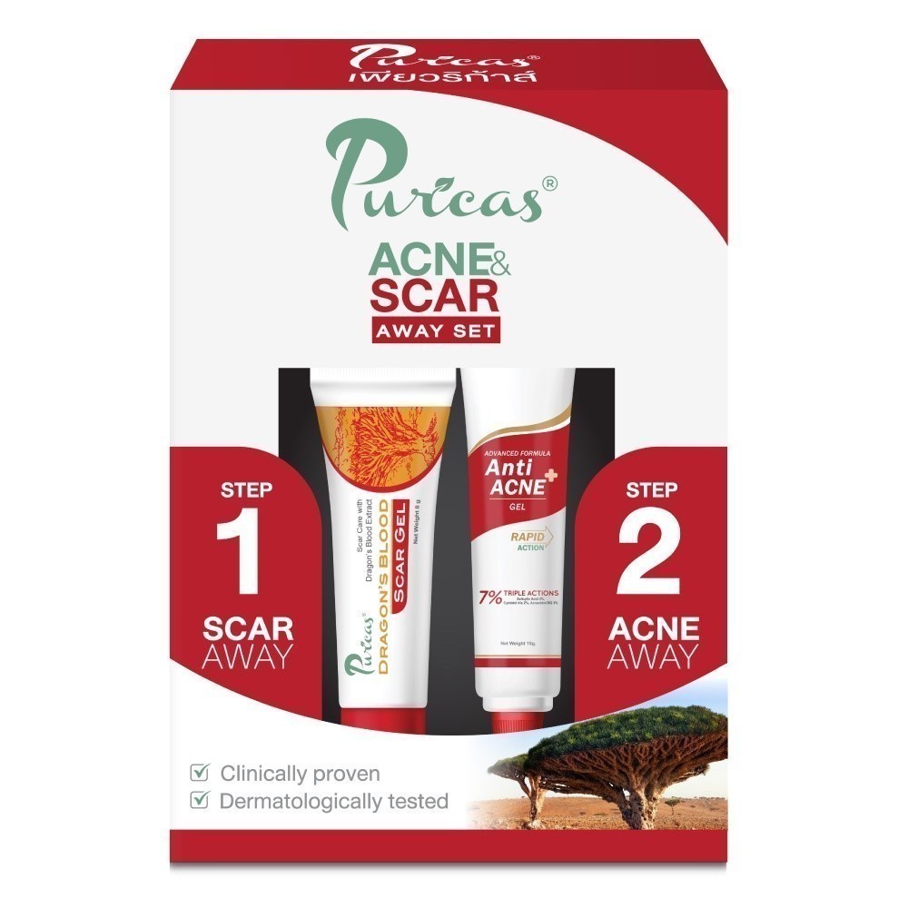 Puricas Scar Away Set Advance Formula Anti-Acne Gel 10g+Puricas Dragon's Blood Scar Gel 8g เพียวริก้