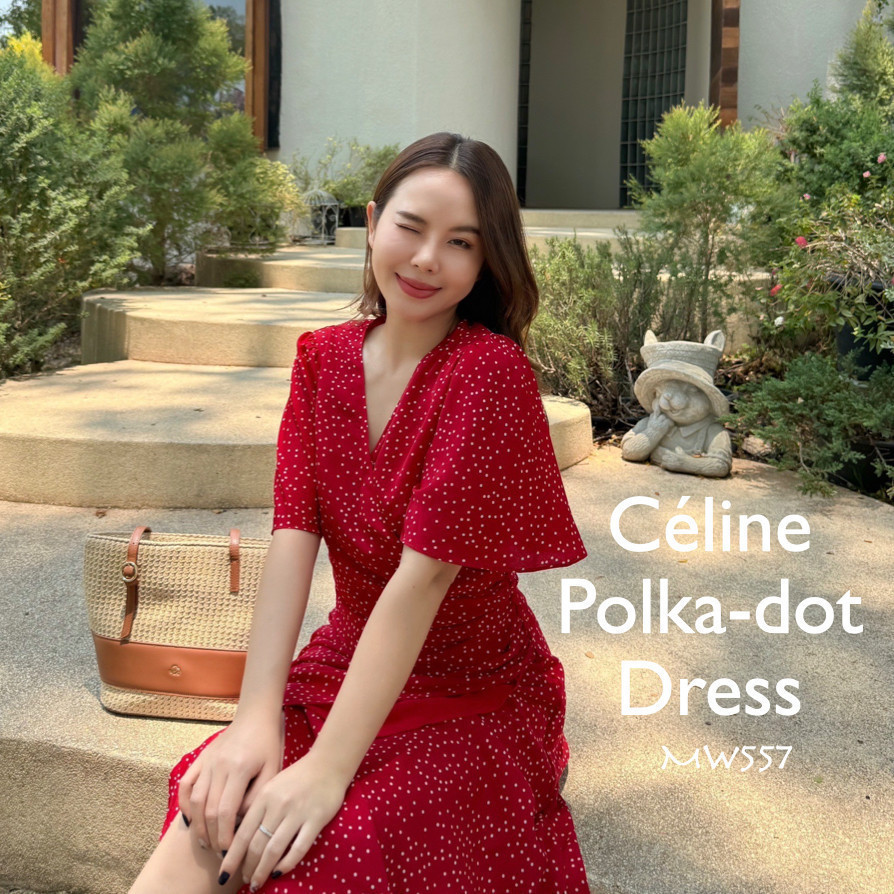 MyWay Brand : Dress - Céline Polka-dot ซิปข้างใส่แบบสวม เดรสสีแดง ชุดเดรส เดรสออกงาน