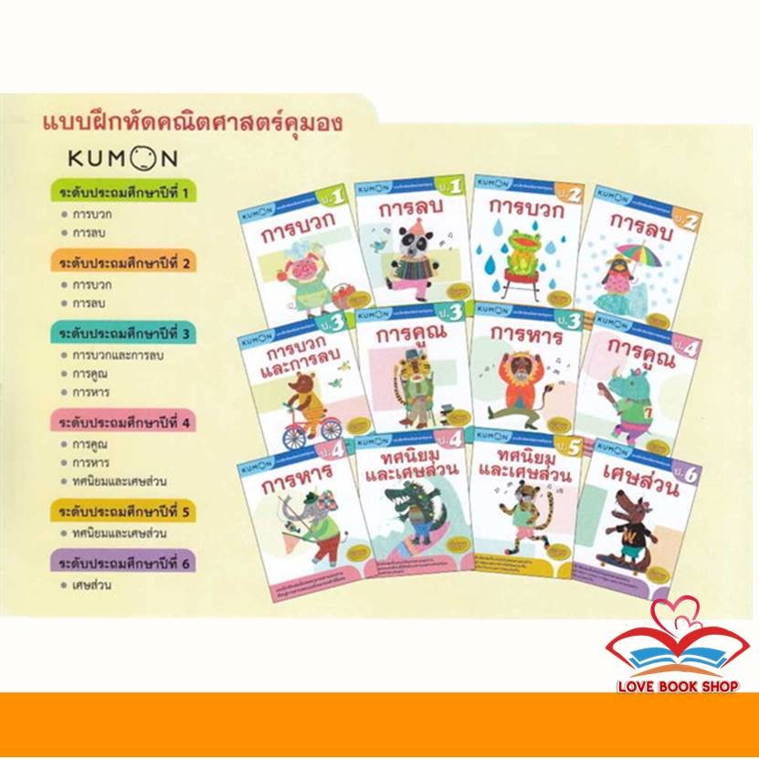 หนังสือ แบบฝึกหัดคณิตศาสตร์คุมอง การบวก การลบ การคูณ การหาร ทศนิยม เศษส่วน ระดับประถมศึกษา ปีที่ 1-6 แยกเล่ม