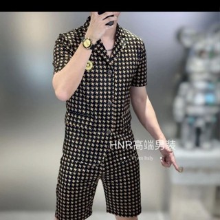 สินค้ายุโรปใหม่ระดับไฮเอนด์ผู้ชายฤดูร้อนเทรนด์ Houndstooth บุคลิกภาพป้ายหน้าอกชุดสูทผ้าไหมน้ำแข็งมูลค่าสูง