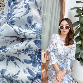 MyWay Brand : Dress ชุดเดรส - Snow Floral Blue&amp;Cream  คอกลม **ไม่บาดคอน้า🩵 **ผ้าชีฟอง เนื้อผ้าบางเบา