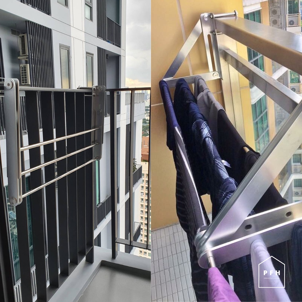 PFH ราวตากผ้าแขวนระเบียงพับเก็บได้ 70 cm. 3 ราว ไม่ต้องเจาะผนัง ราวสแตนเลส 304 ไม่เป็นสนิม