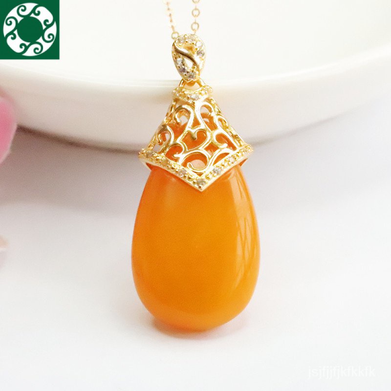 S925จี้ขี้ผึ้งธรรมชาติฝังเงินสร้อยคออำพันหยดน้ำHP2112806 O2KI