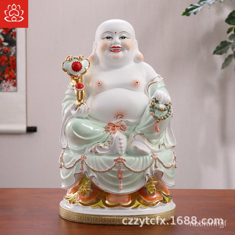 พระพุทธรูปเซรามิก Chaozhou Zhenyi ดอกบัวโบราณ Maitreya Buddha Laughing Buddha Ceramic Decoration XJG
