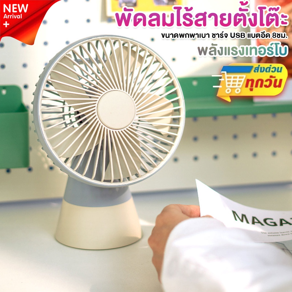 พัดลมเล็กต้ังโต๊ะ หัวปรับหมุนได้ มีหูหิ้ว พัดลมตั้งโต๊ะ พัดลมเล็ก ชาร์จ USB ลมแรง3เท่า แบตเตอรี่ความจุสูง 6000mAh