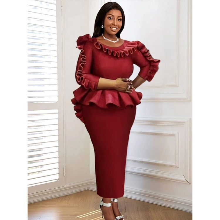 77d Red Long Dresse Plus Size Wrist Sleeve Ruffles Pleated Peplum O Neck Empire Package Hip Evening Gowns Christma Nrq