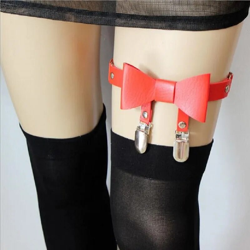 92C Cute Sexy Leg Garter Belt Harness Adjustable Elastic Leather Bowknot Ring Clip Punk Strap Leather Thigh Harnes XWQ