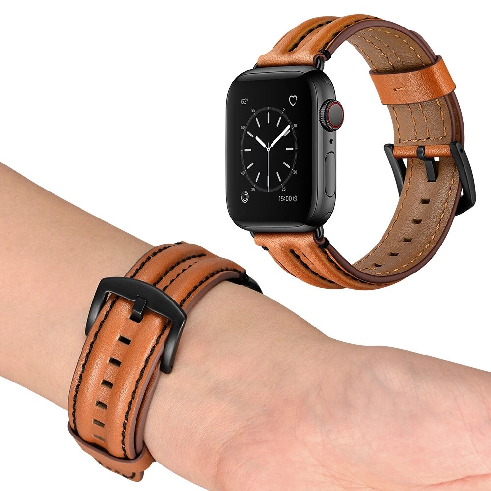 07M Strap for Apple Watch Band 44mm 40mm 42mm 38mm Double keel Genuine Leather belt bracelet for iWatch serie 6 SE wOL