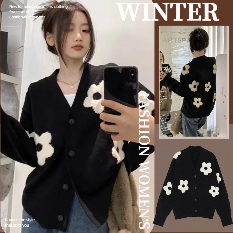 NZN เสื้อกันหนาวคาร์ดิแกน คอวี ผ้าถัก การออกแบบดอกไม้สามมิติ แฟชั่นฤดูใบไม้ผลิ สําหรับผู้หญิง