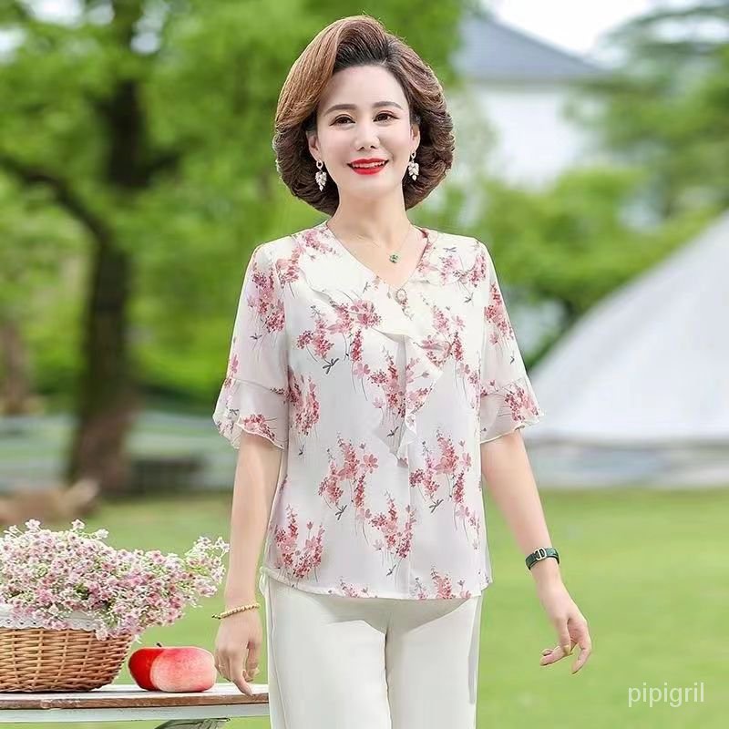 ชุดฤดูร้อนสำหรับคุณแม่วัยกลางคน เสื้อชีฟองผู้หญิงแขนสั้น หลวม ลายดอก สไตล์ตะวันตก ฤดูร้อน