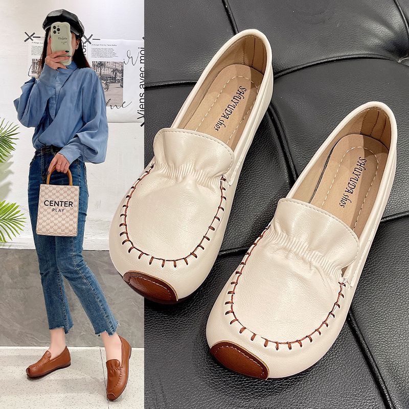 พร้อมส่ง รองเท้า หนังวัวแท้ ส้นแบน พื้นนิ่ม แฟชั่นฤดูใบไม้ผลิ และฤดูใบไม้ร่วง สําหรับผู้สูงอายุ และผู้สูงอายุ