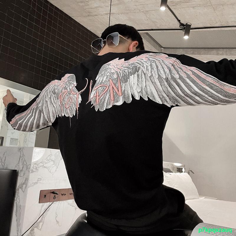 รุ่นระเบิด##ใหม่เสื้อสเวตเตอร์ผู้ชายพิมพ์ลายปีกแฟชั่นอเนกประสงค์อินเทรนด์เสื้อใหม่ผู้ชายสุดหล่อ