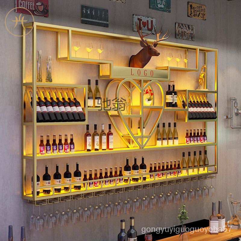 N8ชั้นวางไวน์ติดผนังร้านอาหารเคาน์เตอร์บาร์ตู้ไวน์เหล็กดัดสไตล์อุตสาหกรรมบาร์ชั้นวางโชว์ติดผนัง Q7RU