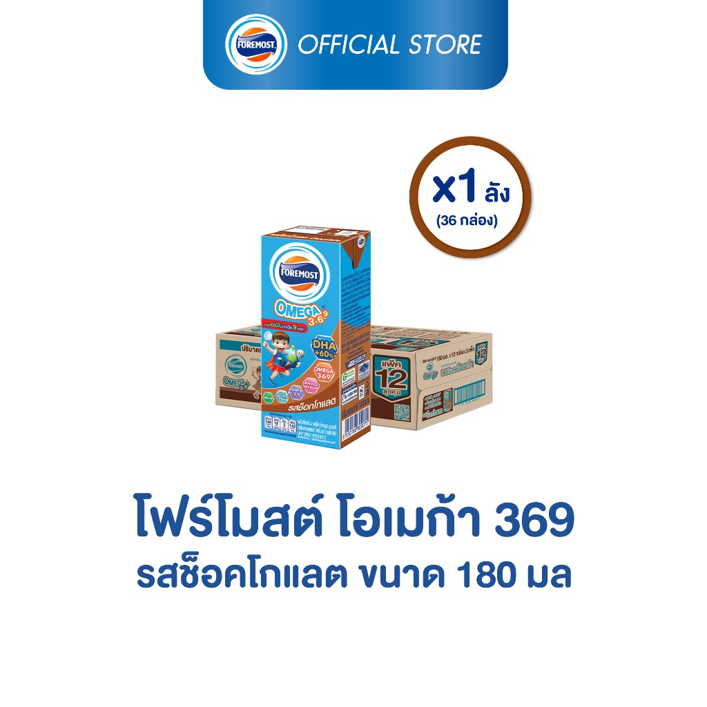 [ขายยกลังx1] โฟร์โมสต์ โอเมก้า 369 รสช็อคโกแลต 180มล (36กล่อง/ลัง) Foremost Omega 369 Chocolate 180ml (นมกล่องUHT)