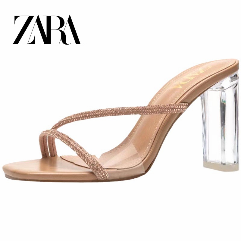 Zara ใหม่ รองเท้าแตะส้นสูง หนัง PU ประดับคริสตัล พลอยเทียม แนวตรง เป็นที่นิยม แฟชั่นสําหรับผู้หญิง