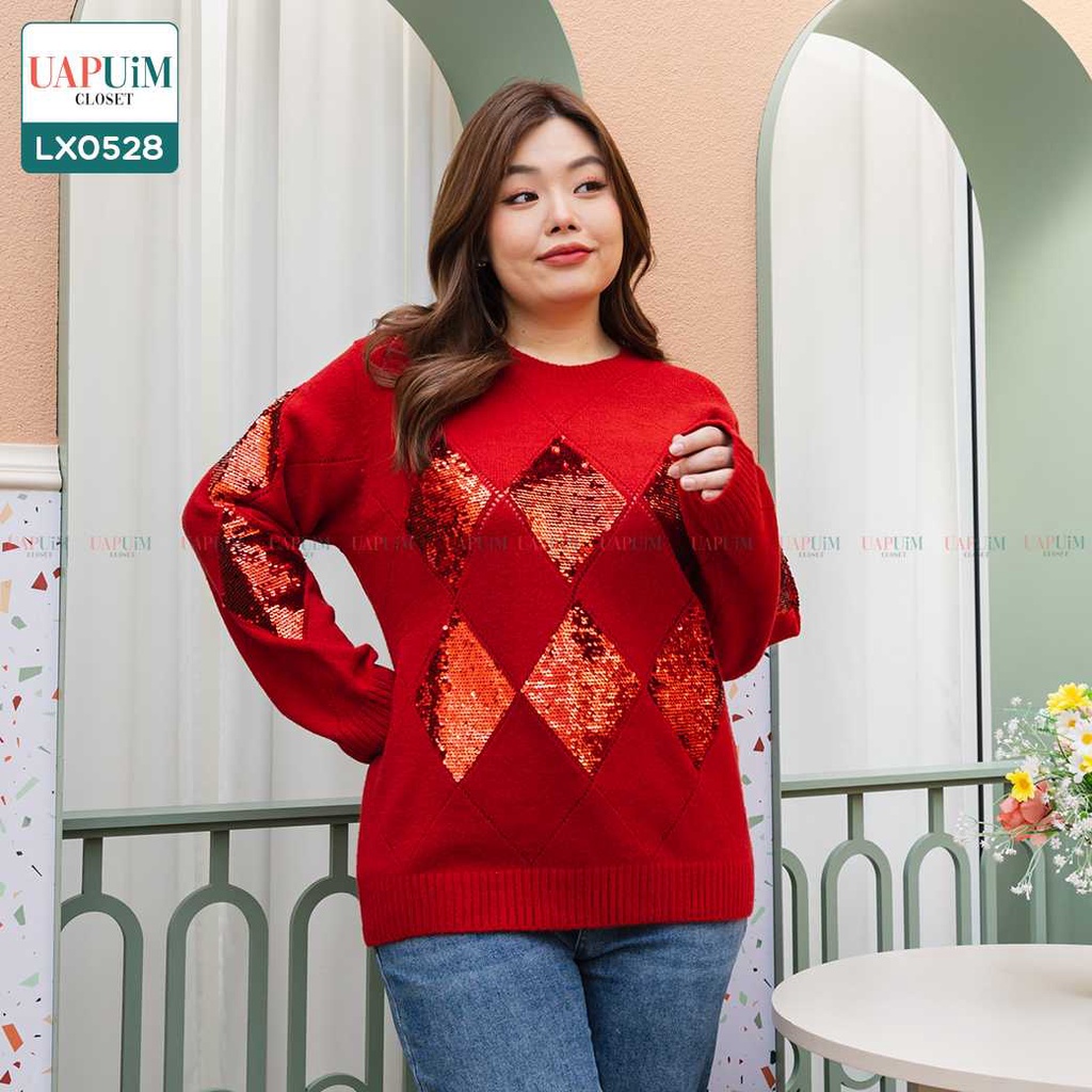 (LX0528)เสื้อกันหนาวสาวอวบสเวตเตอร์คอกลม แขนยาว โทนสีแดงสดใส แต่งงานปักวิบวับช่วงด้านหน้าและช่วงแขน
