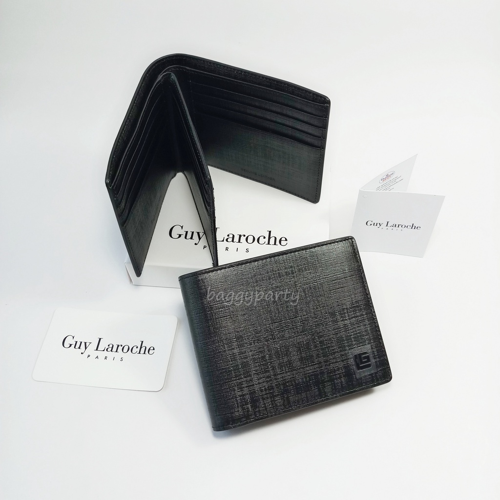 Guy Laroche กระเป๋าสตางค์ผู้ชายพับสั้น มีลิ้นกลาง สีดำ หนังลาย โลโก้ดำ หนังแท้100%