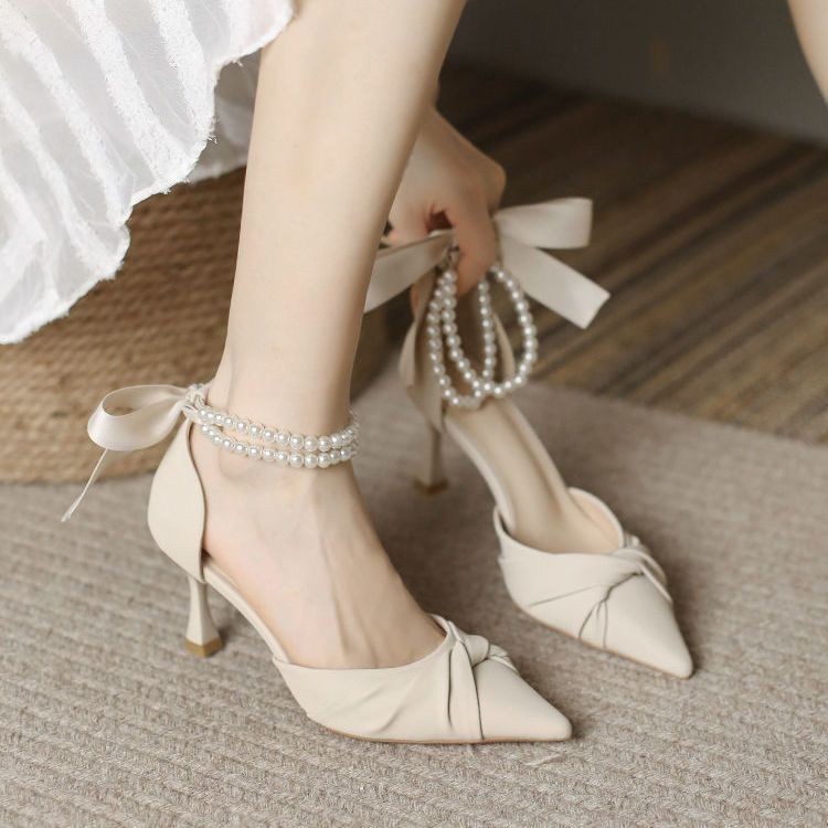 พร้อมส่ง ใหม่ รองเท้าส้นสูง 5 ซม. ส้นเตี้ย สีขาว แฟชั่นฤดูร้อน สไตล์ฝรั่งเศส สําหรับผู้หญิง เพื่อนเจ้าสาว - รูปที่ 4