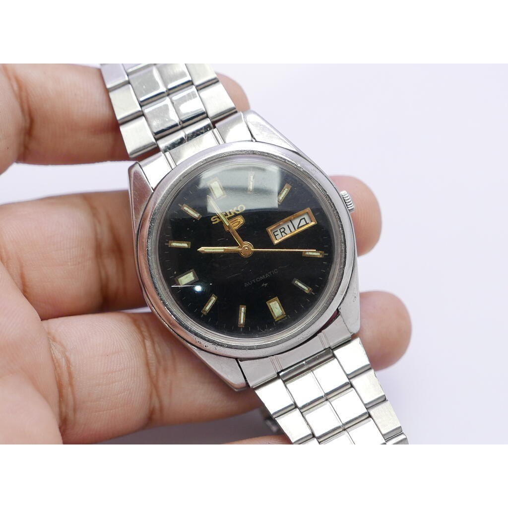 นาฬิกา Vintage มือสองญี่ปุ่น Seiko5 ระบบ Automatic 6309 8240 ผู้ชาย หน้าดำ 38มม เสียต้องล้างเครื่อง ขายตามสภาพ