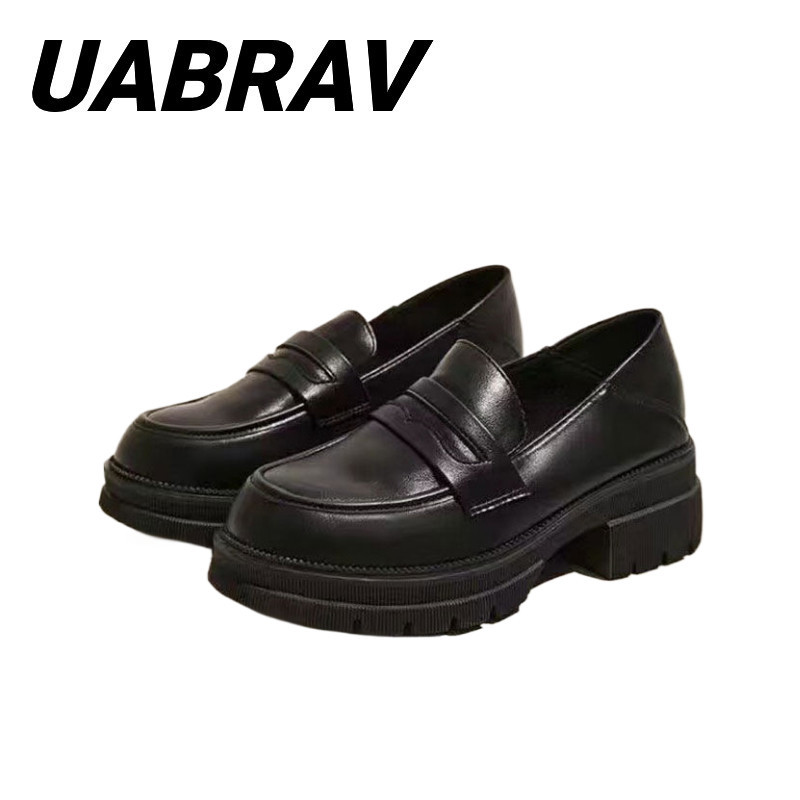 UABRAV.รองเท้าโลฟเฟอร์ รองเท้าหนัง PU สไตล์อังกฤษ ย้อนยุค สีดํา สําหรับผู้หญิง(ขนาด:35-40)