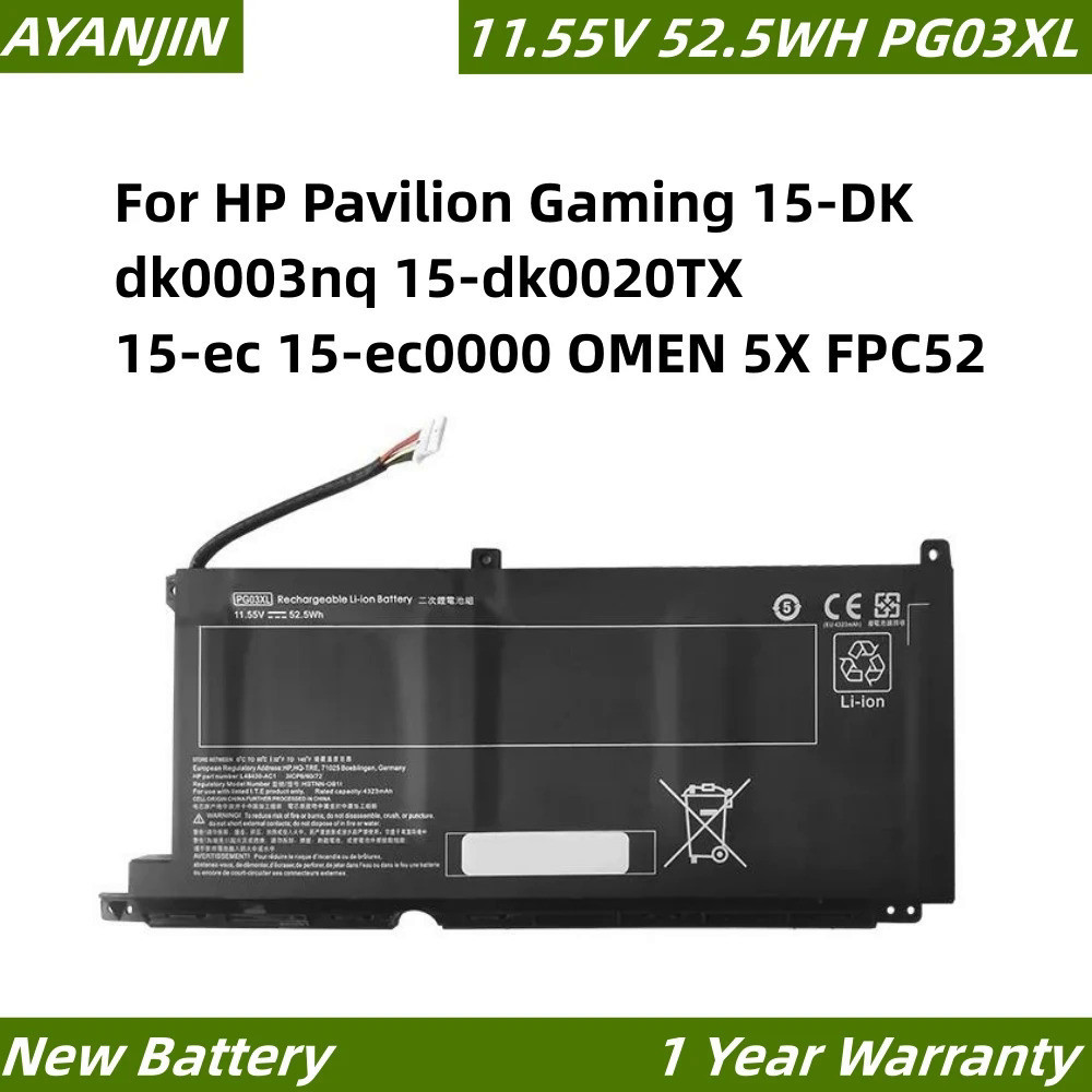 แบตเตอรี่52.5WH PG03XL สำหรับ HP Pavilion Gaming 15-DK Dk0003nq 15-dk0020TX L48430-2B1 15-ec0000 OMEN 5X FPC52 HSTNN-DB9