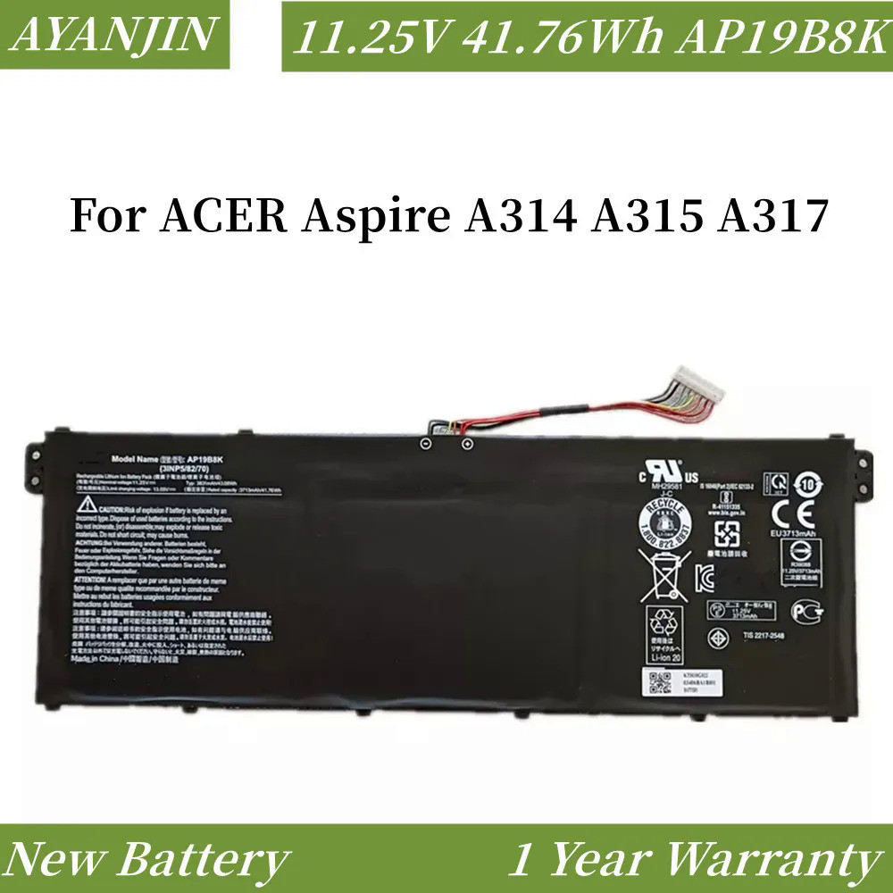 ใหม่ AP19B8K 11.25V 41.76Wh 3713MAh แบตเตอรี่แล็ปท็อปใช้กับ ACER Aspire A314 A315 A317 Series แล็ปท็อป
