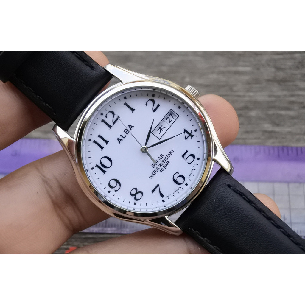 นาฬิกา Vintage มือสองญี่ปุ่น Alba Solar V158 0AX0 White Dial ผู้ชาย ทรงกลม ระบบ Quartz ขนาด25mm