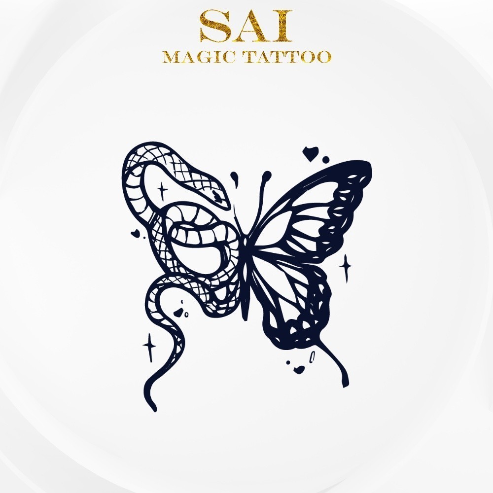 แทททู SAI MAGIC TATTOO 10CM×06CM รอยสักอยู่ได้นาน 2 สัปดาห์ รอยสักมายากล แทททูรอยสักกันน้ำ รอยสักชั่วคราว รอยสัก สักแขน สักข้อมือ,น่ารัก มินิมอลลิสต์,ผีเสื้อ งู 472
