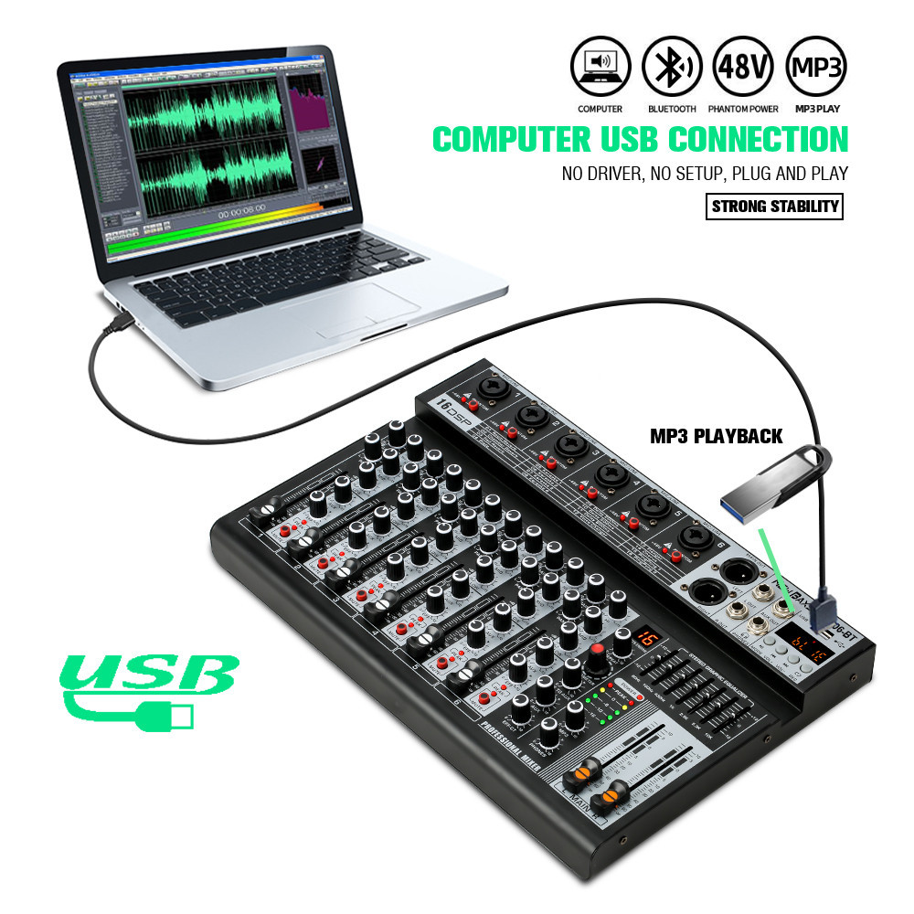 NEW BAXS 6 ช่องโทนเสียง MX06BT AUDIO MIXER มาพร้อมกับ Equalizer 16DSP Effecter รองรับการเล่น Bluetooth / USB / MP3