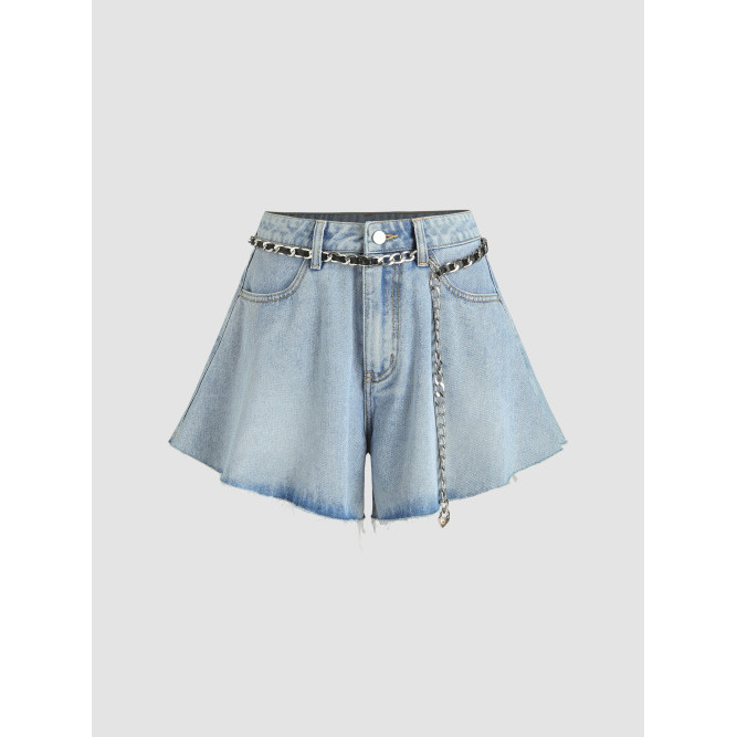 Cider Denim High Waist Pocket Ruffle Shorts With Waist Chain