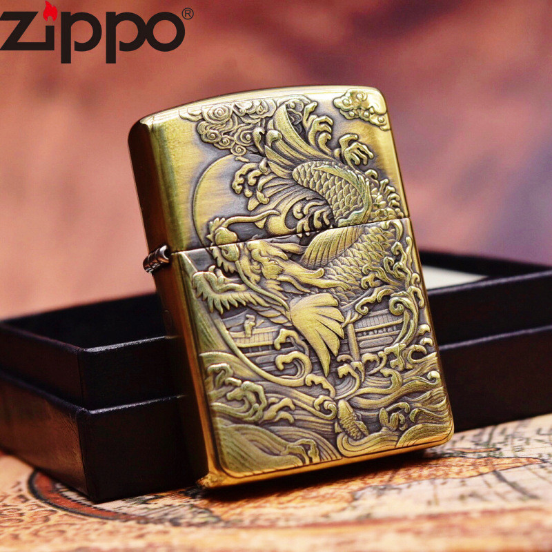 Zippo ไฟแช็ก Zippo เครื่องเกราะปลามังกรนูนสองด้าน ปลาคาร์พกระโดดข้ามประตูมังกร MWDM