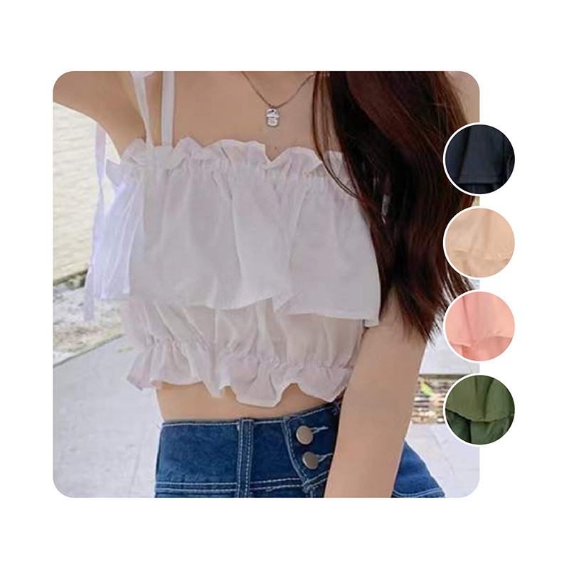 สายเดี่ยวผูกไหล่ จั๊มเอว สีพื้น เเต่งระบาย สำหรับผู้หญิง มีให้เลือก 5 สี Free size