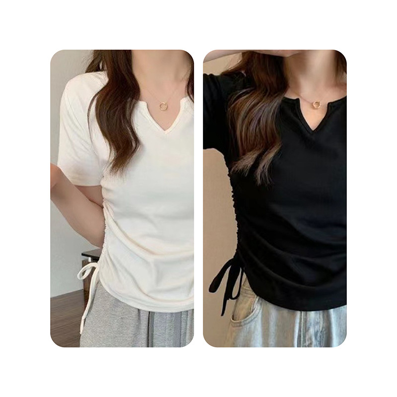 เสื้อยืดผู้หญิงแขนสั้น แฟชั่นเกาหลี ดีไซน์สวยเก๋ คอวี รูดข้าง มีให้เลือก 2 สี L