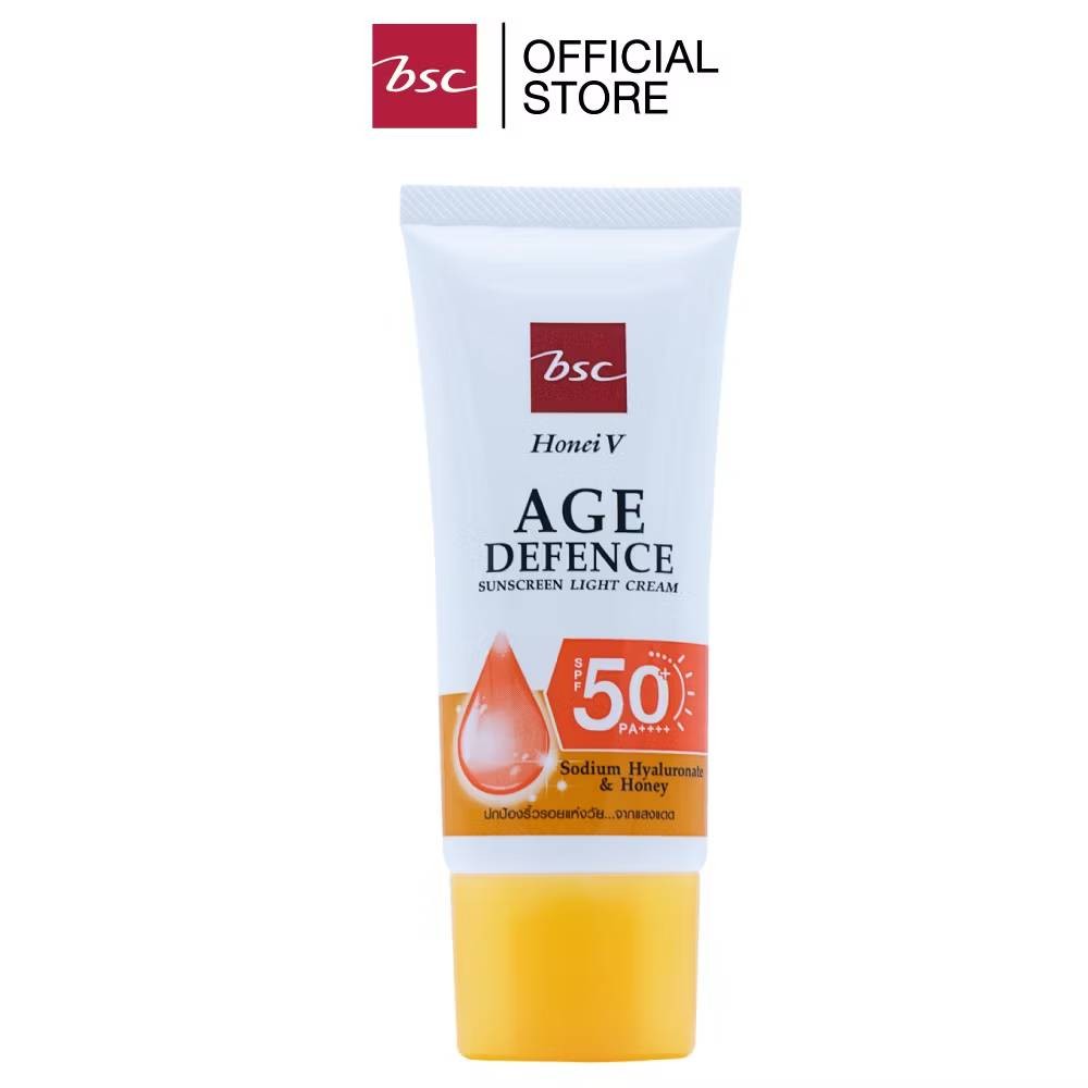 กันแดด BSC ผสมน้ำผึ้ง&ไฮยา SPF50+ PA++++ 30 กรัม BSC AGE DEFENCE SUNSCREEN LIGHT CREAM