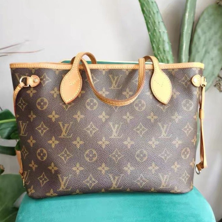 LV NEVERFULL มือสองดอกไม้เก่าขนาดเล็กกระเป๋าสะพายกระเป๋าแม่สามีกระเป๋าช้อปปิ้งสีแดงกระเป๋าถือกระเป๋า