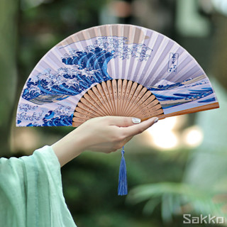 พัดจีน 8นิ้วมีพู่ห้อย พัด ด้ามไม้ไผ่เนื้อผ้า พัดมือโบราณผู้ห…