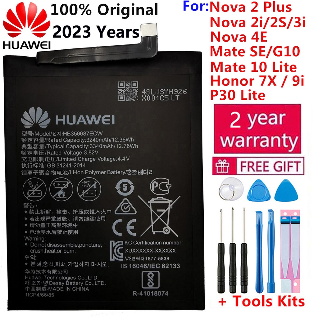 100% แบตเตอรี่เดิม HB356687ECW สำหรับ Huawei Nova 2Plus 2i 2S 3i 4e Huawei P30 Lite Mate SE Mate 10 Lite Honor 7X / 9i