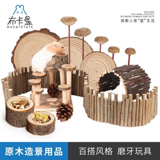 ◑อุปกรณ์ของเล่นหนูแฮมสเตอร์ Golden Bear ฟันบด Apple สาขาบันไดปีนเขารั้ว Arch Bridge Swing แพลตฟอร์มไม้ภูมิทัศน์ Paradise