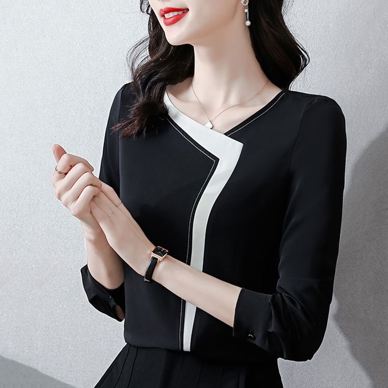 ใหม่ เสื้อเชิ้ตแขนยาว คอวี ผ้าชีฟอง ทรงหลวม ใส่สบาย สีดํา แฟชั่นเรียบง่าย สําหรับผู้หญิง
