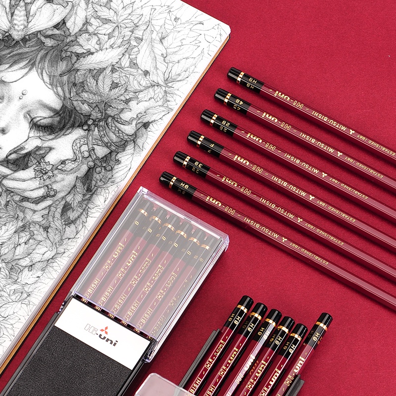 ดินสอวาดภาพด้ามไม้สำหรับการทดสอบขั้นสูง Uni Mitsubishi Hi ของญี่ปุ่นมีความแข็ง22ชนิดให้เลือก