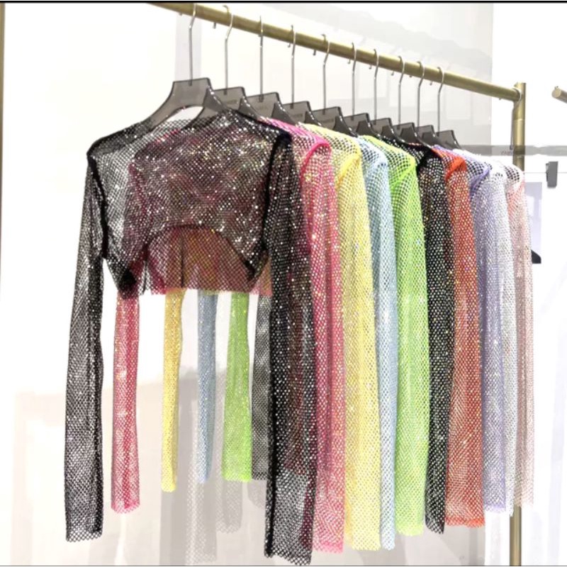 เสื้อตาข่ายเพชรตัวสั้นแขนยาวเซ็กซี่ งานปาร์ตี้