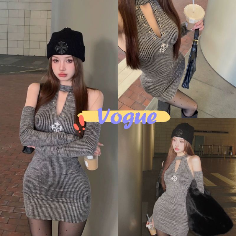 Vogue พร้อมส่ง ชุดเดรสไหมพรม สีเทา ผ้าร่อง ใส่สบาย (M5882)