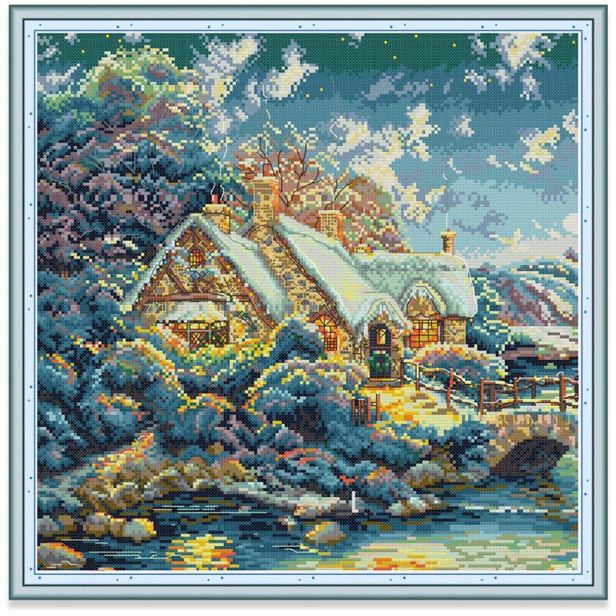 ปักครอสติส ครอสติสแบบปัก ชนบทสวย บ้าน ทิวทัศน์ 14/11CT ผ้าพิมพ์ลาย