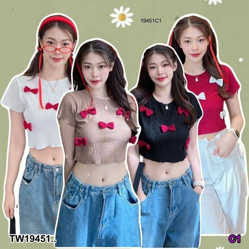 เสื้อครอป แขนสั้น คอกลม แต่งโบว์ เสื้อผ้าแฟชั่นเกาหลี ชุดเที่ยว 19451