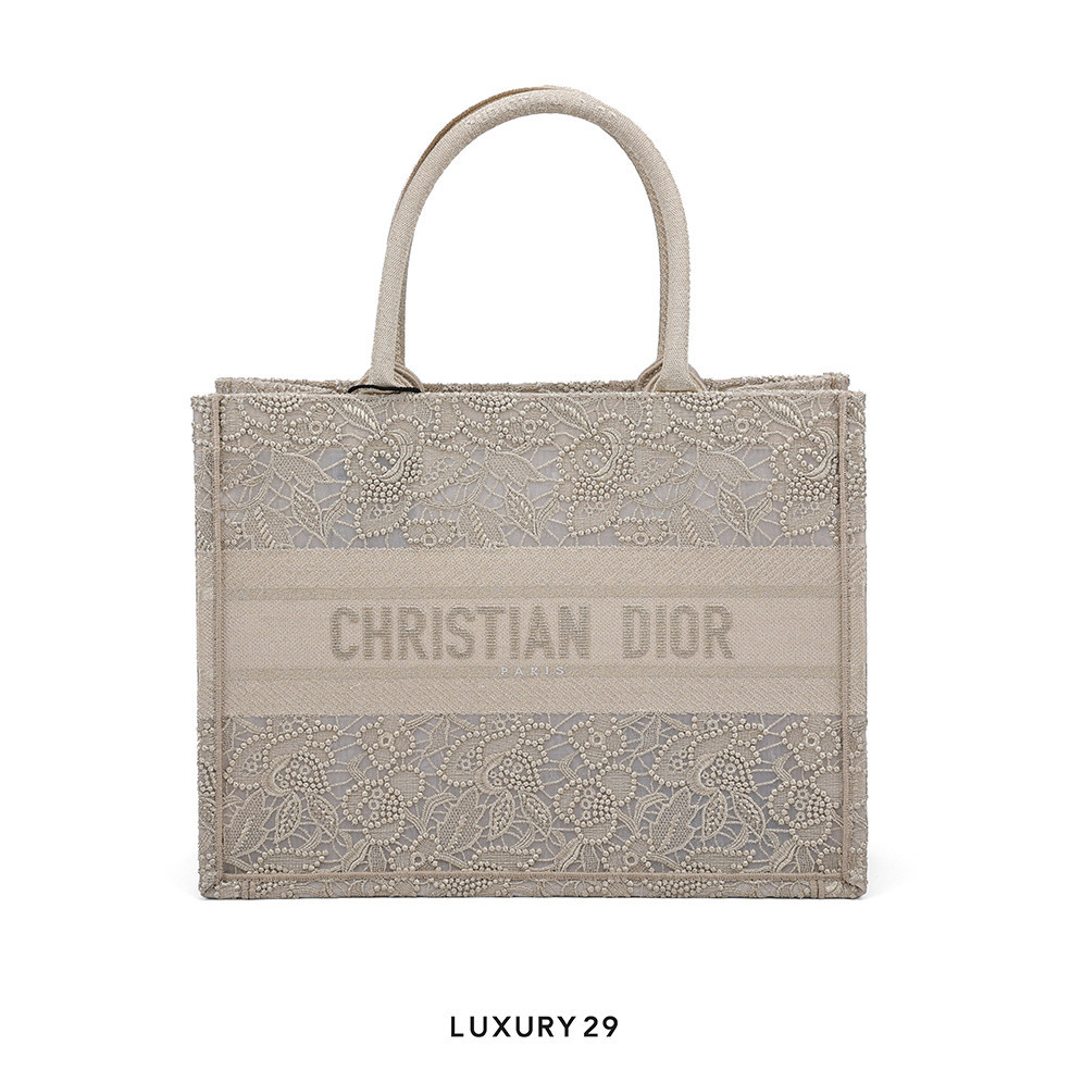 Dior Medium Or Dior Book Tote Gold-Tone D-Lace Embroidery with Macramé Effect