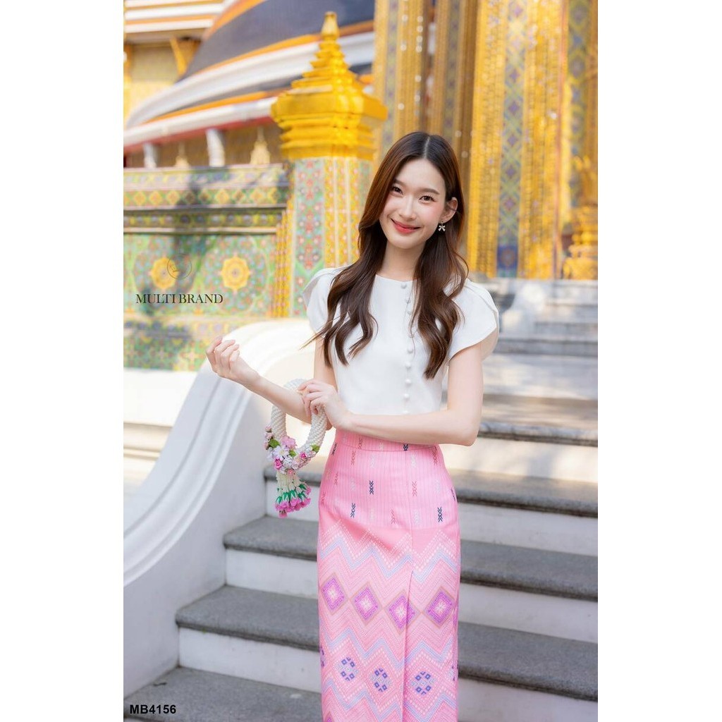 Multi Brand ชุดเซ็ท MB เซ็ตเสื้อแขนกลีบบัว+กระโปรงลายไทยสีครีม สีชมพู